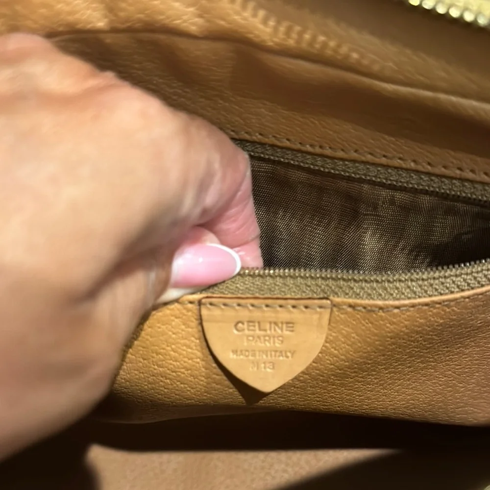 Celine Pre Owned Authentic Brown and Tan Toiletry Bag with Monogram Pattern.